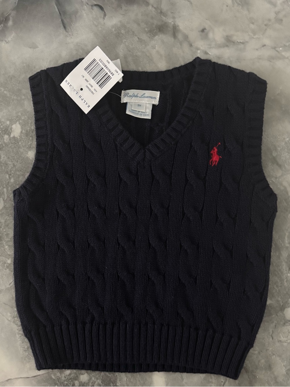 NWT Ralph Lauren Navy cable Knit sleeveless Baby sweater  - 9M